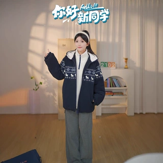 外套秋冬2025新款少女宽松连帽费尔岛夹棉加厚高中生棉衣2551086