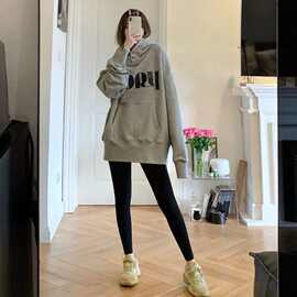 oversize灰色中长款连帽卫衣女2022年新款春秋季宽松大码连帽上衣