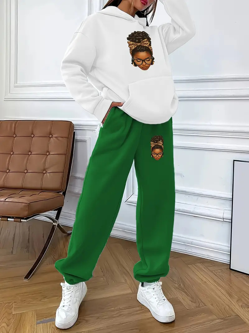 Ensemble sweat à capuche et jogging unisexe à imprimé géométrique pour femme - Pull décontracté tendance avec pantalon assorti (blanc/marron, blanc/vert)_voghion.com