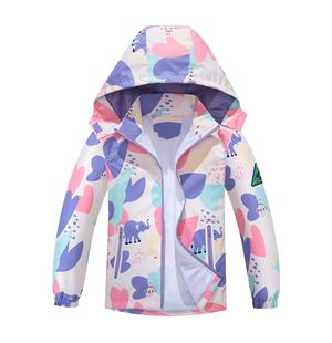 Girls' outdoor waterproof breathable hooded zipper jacket fashionable sports printed lovely purple trench coat