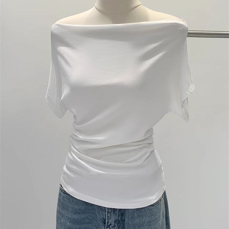 슈퍼 핸드 느낌 모달 코튼 ~ 오프 숄더 스윙 칼라 반팔 티셔츠 여성용 여름 디자인 센스 슬림 핏 어깨 노출 어깨 탑 트렌디
