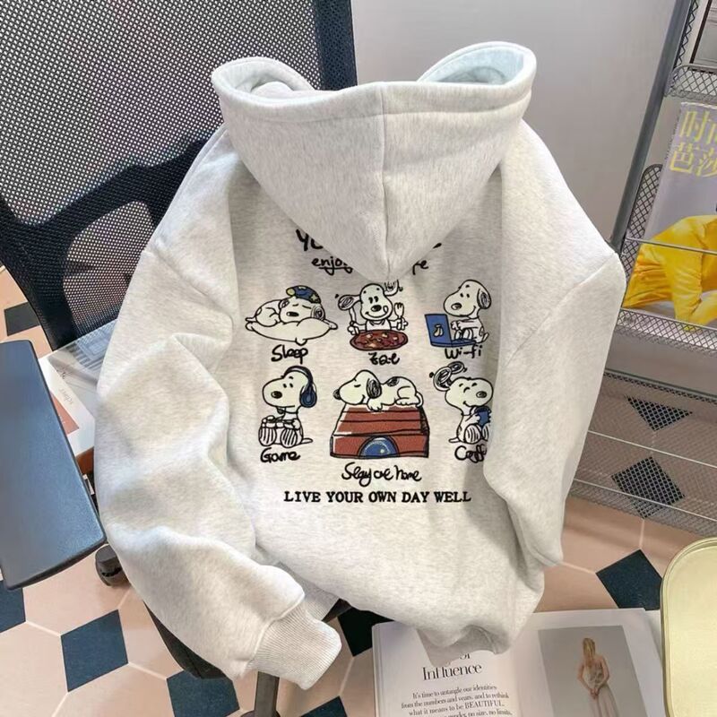 Silver Fox Velvet Korean Style Trendy Snoopy Print Hooded Sweatshirt for Men and Women, New Autumn/Winter Versatile Loose Ins Top