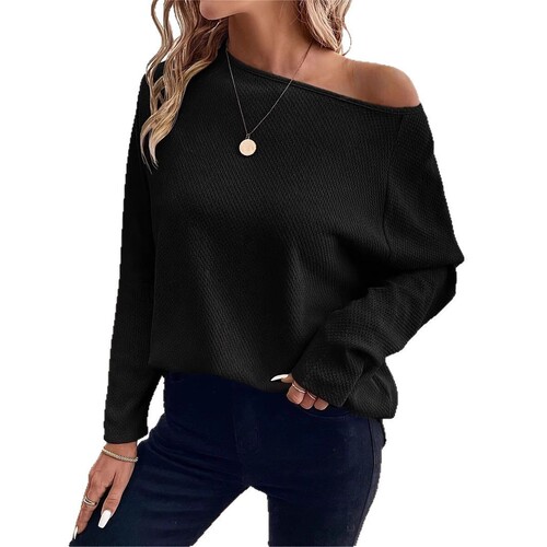 2025 New Autumn Amazon Cross-Border Women's Knitted Top in European and American Style, Waffle-Textured Off-Shoulder Women's Regular Top