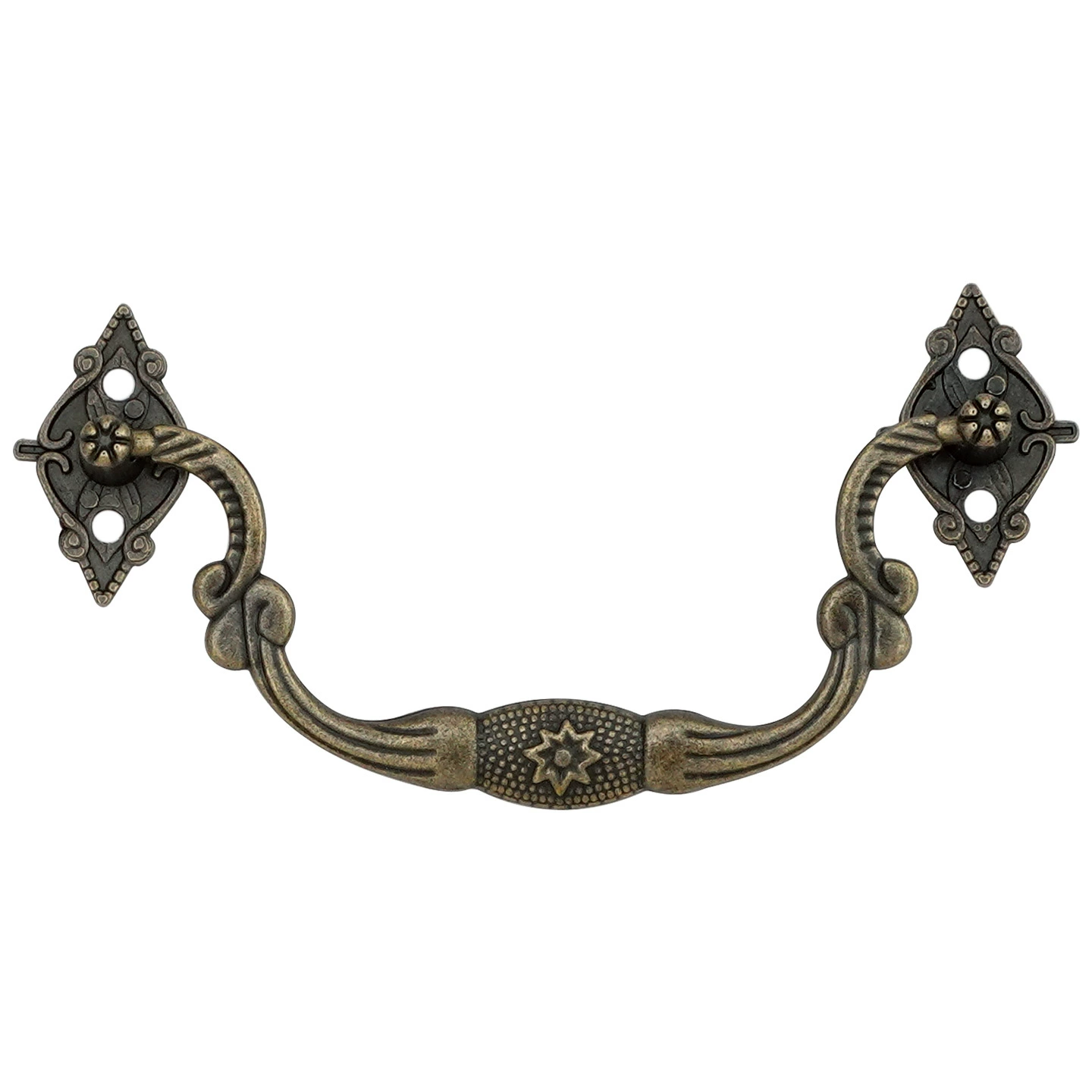 Antique‑style metal drawer handle, decorative bronze/golden finishes, multiple motifs