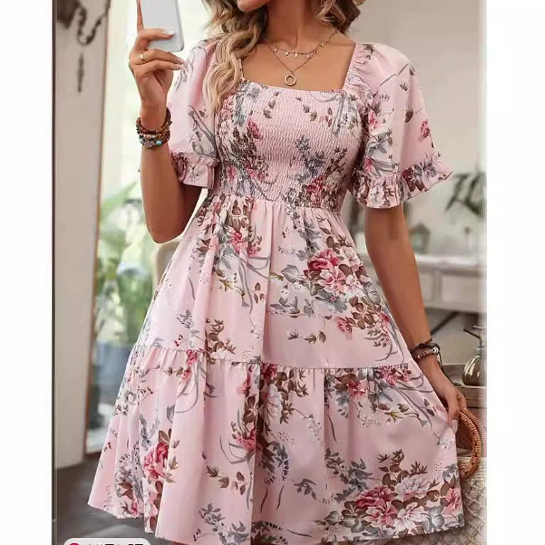 2025 Amazon AliExpress с европейским и американским принтом платье с короткими рукавами с цветочным воротником