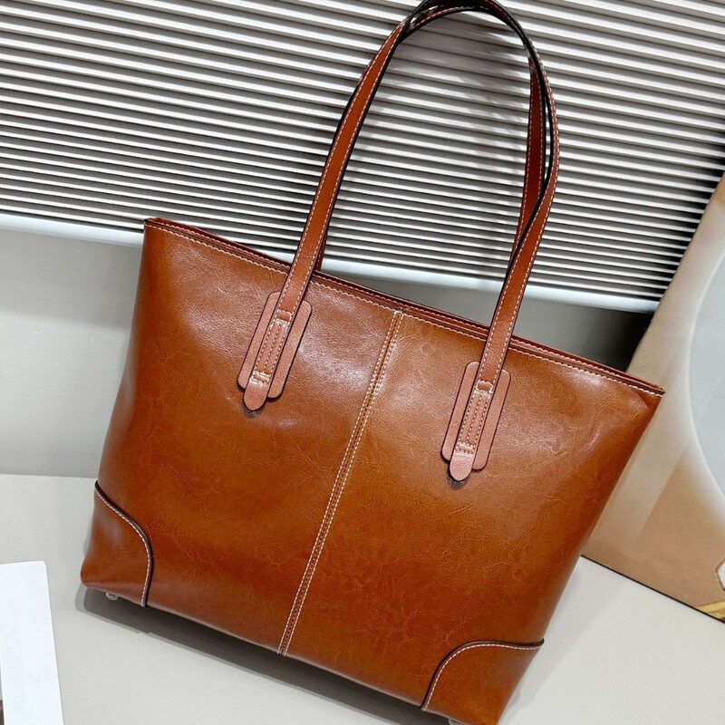Genuine Leather Women's Bag, New High-End Ladies' Tote Handbag, Large Capacity Document Bag, Fashionable Versatile Shoulder Bag, Vintage Style