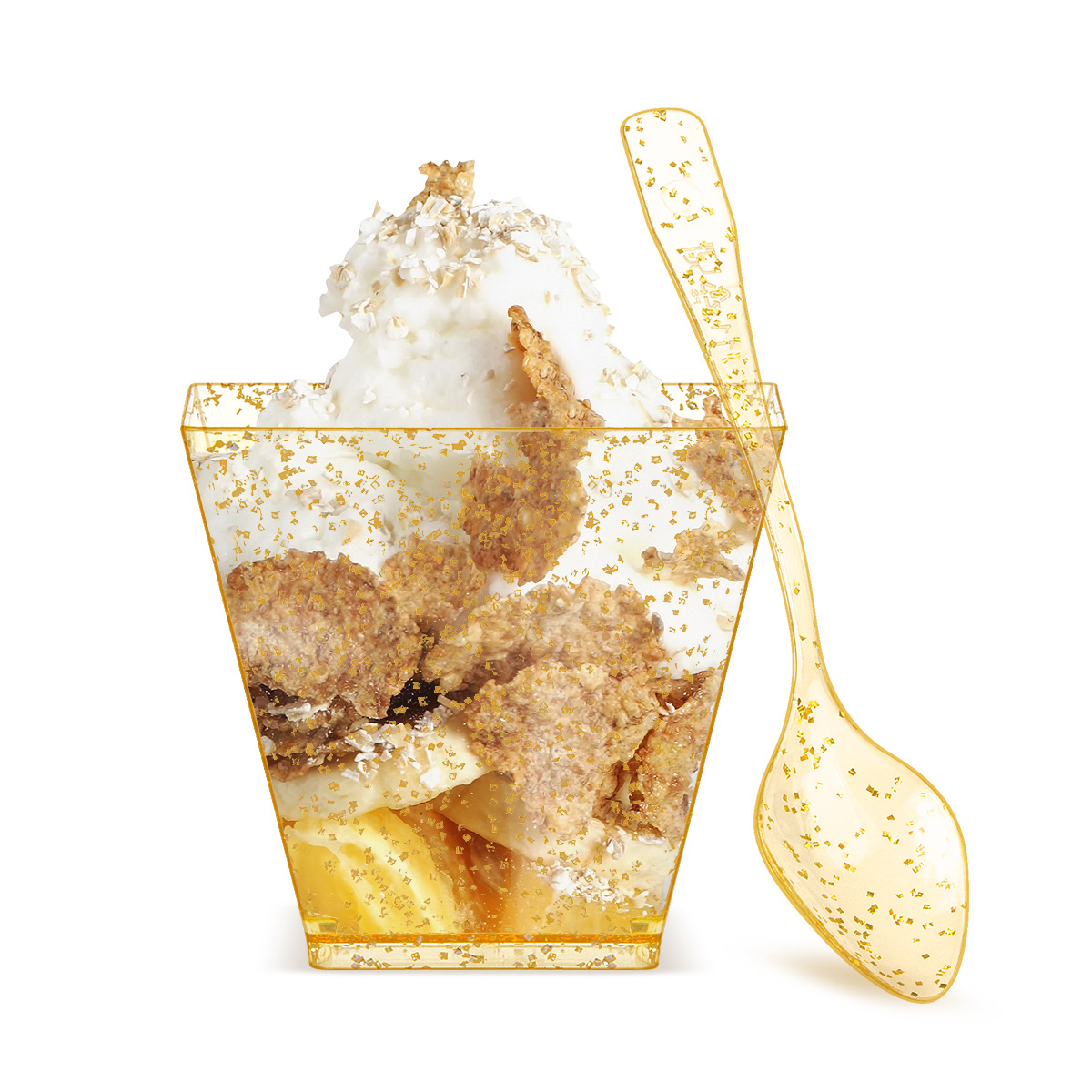 跨境亚马逊独立站60ml金点方形梯形甜品果冻奶昔杯加9.5cm勺套装