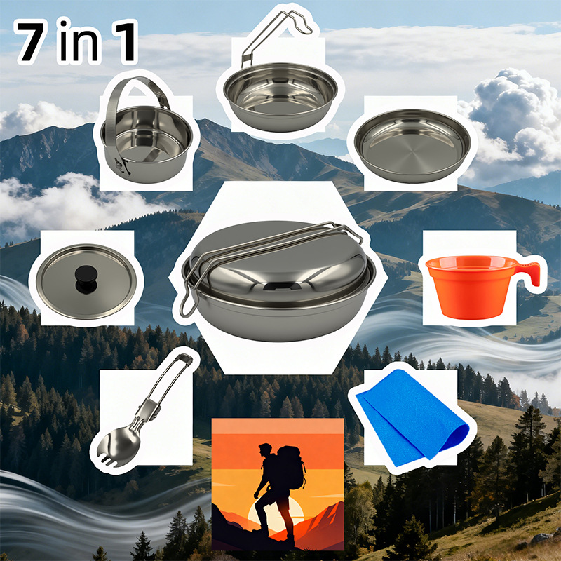 Stainless Steel Pot Outdoor Equipment 7-Piece Lightweight Camping Cookware Portable Cooking Set_voghion.com