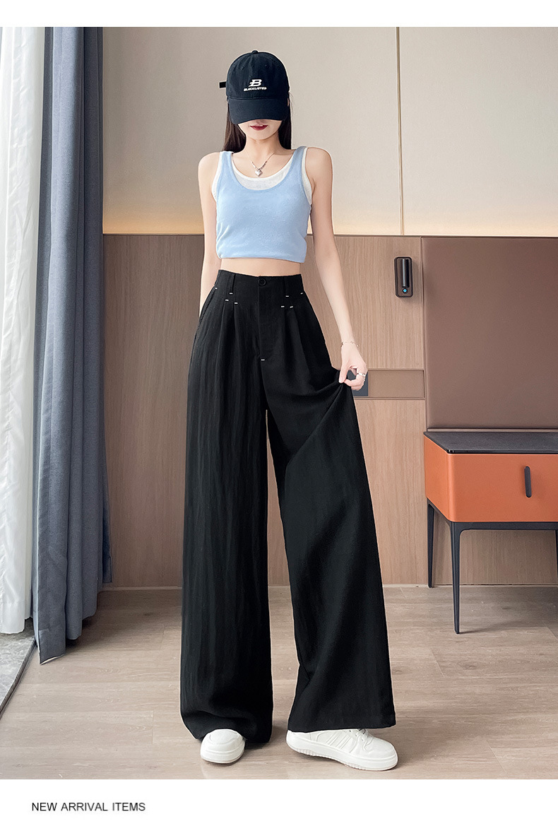 Quần ống rộng vải lụa băng đa năng nữ, phong cách sang trọng mỏng nhẹ mùa hè, quần ống đứng vải lanh Tencel — Màu xanh hải quân (kiểu thông thường) chi tiết 43
