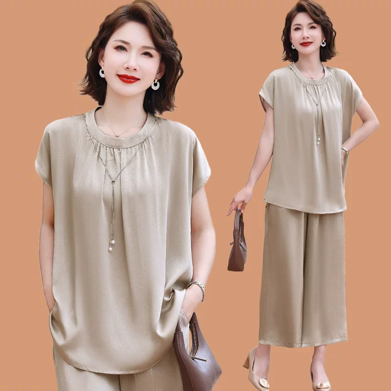 Summer clothing, short sleeve T-shirt, capacious set for elderly, with short sleeve, western style, for middle age, plus size