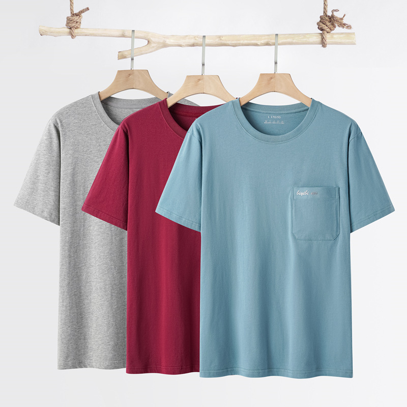 Summer Men's Short-sleeved T-shirt New Cotton Breathable Middle-aged Men's Crewneck Pocket Cotton Base Shirt T-shirt