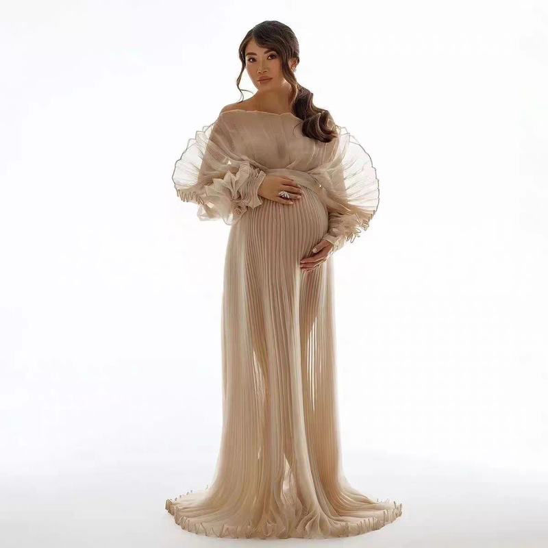 Maternity Photography Dresses See-Through Pregnant Women's Photo Pleated Organ Long Skirt