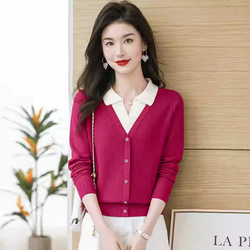 假两件POLO领针织衫毛衣女秋冬新款拼色高档保暖韩版短款打底上衣|undefined