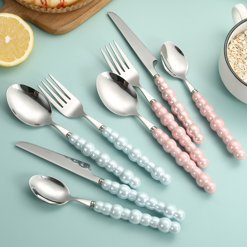 304 stainless steel Pearl knife and fork spoon ceramic handle Western tableware suit creative high-looking light luxury dessert spoon 304 stainless steel Pearl knife and fork spoon ceramic handle Western tableware suit creative high-looking light luxury dessert spoon