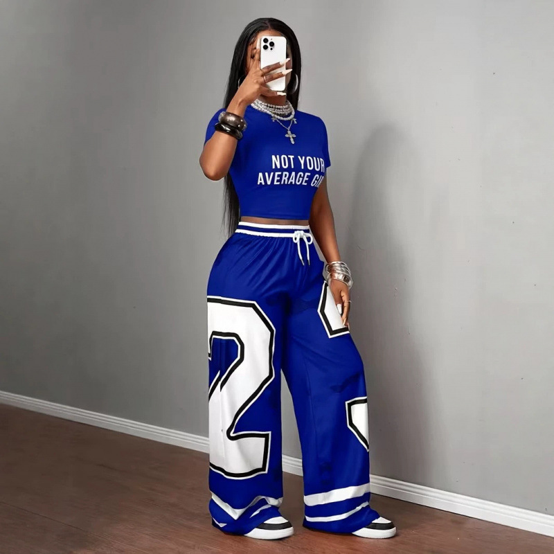 Cross-Border European and American Y2K Hot Girl Style Digital Print Spring and Summer Two-Piece Set Short T-Shirt Wide-Leg Long Pants Women's Outfit Cross-Border European and American Y2K Hot Girl Style Digital Print Spring and Summer Two-Piece Set Short T-Shirt Wide-Leg Long Pants Women's Outfit