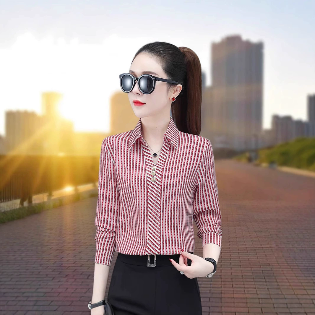 2025 новая высококачественная шелковая рубашка женская с длинным рукавом элегантная рубашка летний новый стиль универсальная рубашка полосатая универсальная