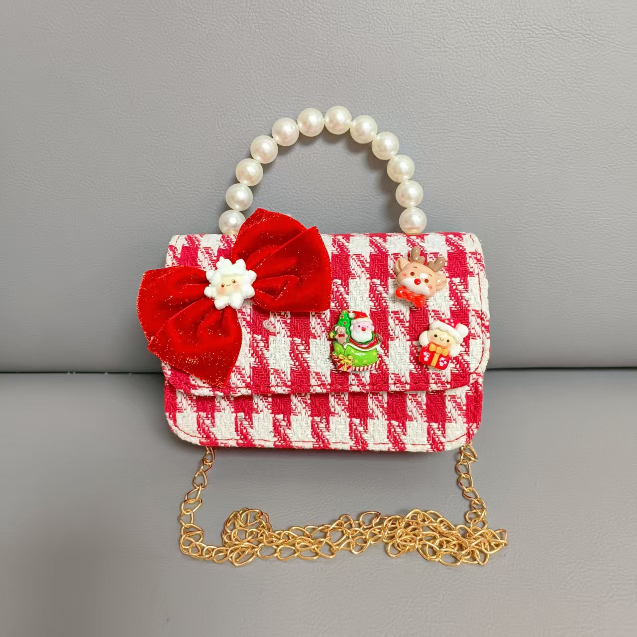 Cartera de Año Nuevo rojo arco de papá Noel bolso de perla pequeña cadena de viento fragante bolso de hombro