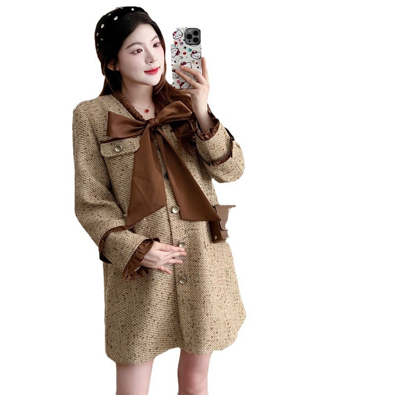 Dress for pregnant, autumn skirt with bow, Chanel style, high-quality style, oversize, fitted