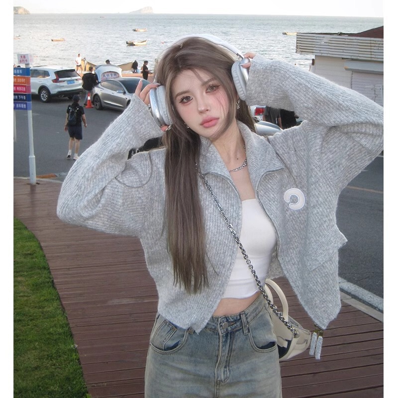 Design Sense Grey Zipper Turtleneck Sweater Coat Women's Spring Autumn and Winter Loose Short Knitted Cardigan Top