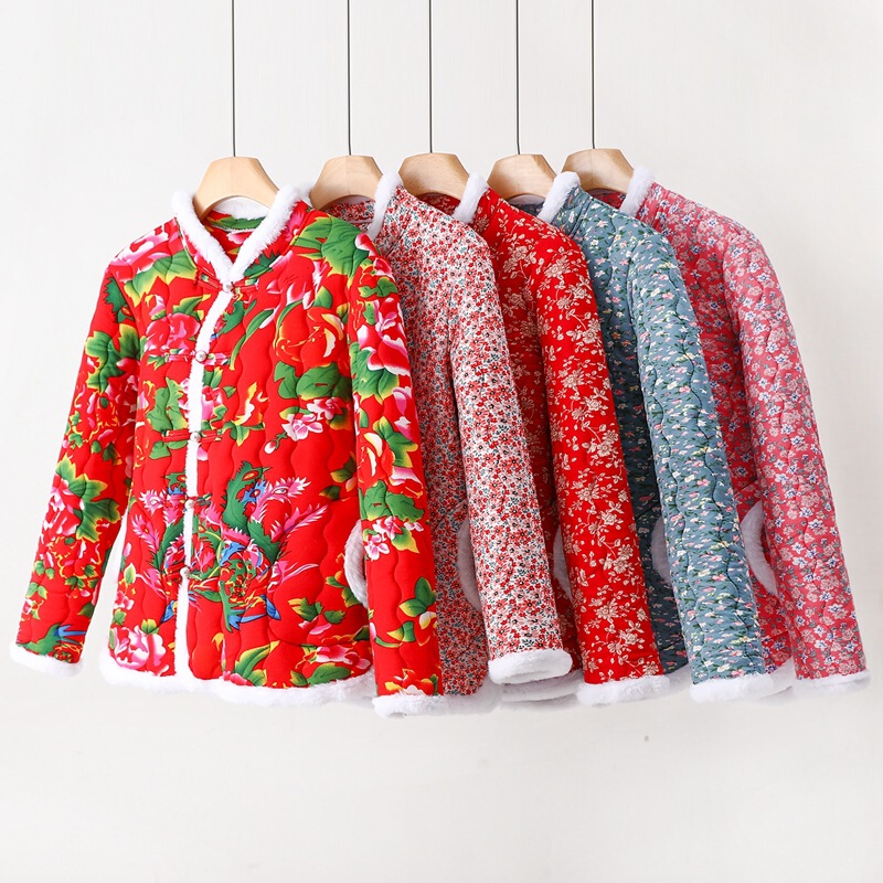 2025 Winter Women's Cotton-Padded Jacket with Chinese Style Buttons, Loose Long-Sleeve Coat, Large Floral Pattern