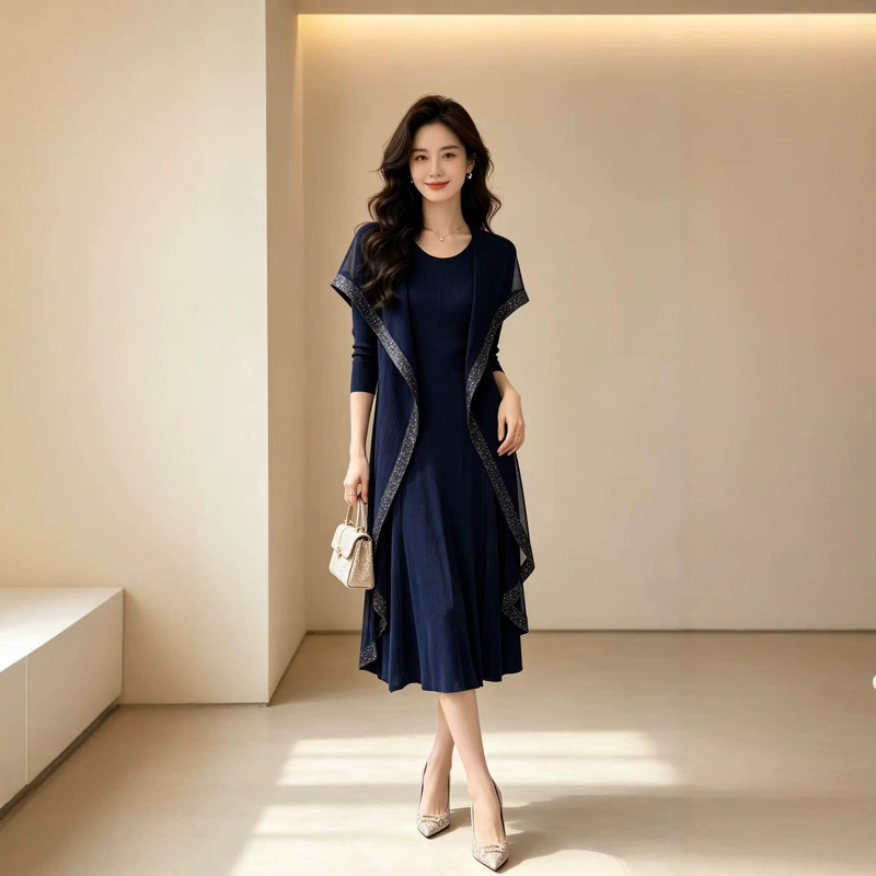 2026 New Pleated Women's Long Dress with Cape Coat, Plus-Size Fashion Dress, Light Luxury Evening Dress 2026 New Pleated Women's Long Dress with Cape Coat, Plus-Size Fashion Dress, Light Luxury Evening Dress