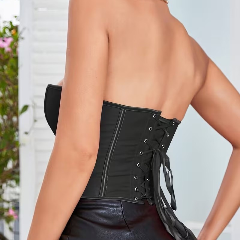 Negro esmaltado estampado de pecho vestido de cuerpo abrazadera ombligo descubierto espalda europea y americana hueso de pescado envuelto pecho chaleco pequeño