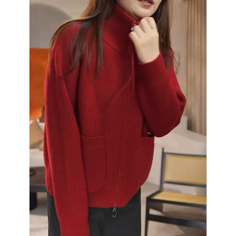 수직 칼라 지퍼 긴 소매 스웨터 가을과 겨울 2024 새로운 플러스 사이즈 통통녀 게으른 바람 느슨한 스웨터 카디건 코트