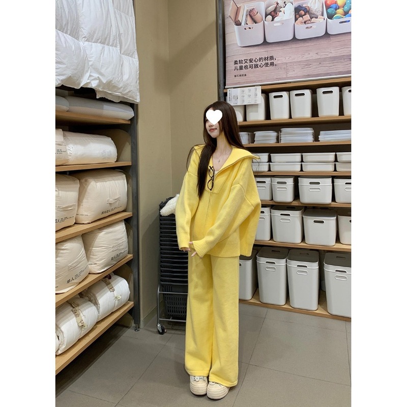黄色宽松慵懒风时尚针织套装女秋冬新款韩版洋气休闲阔腿裤两件套|undefined