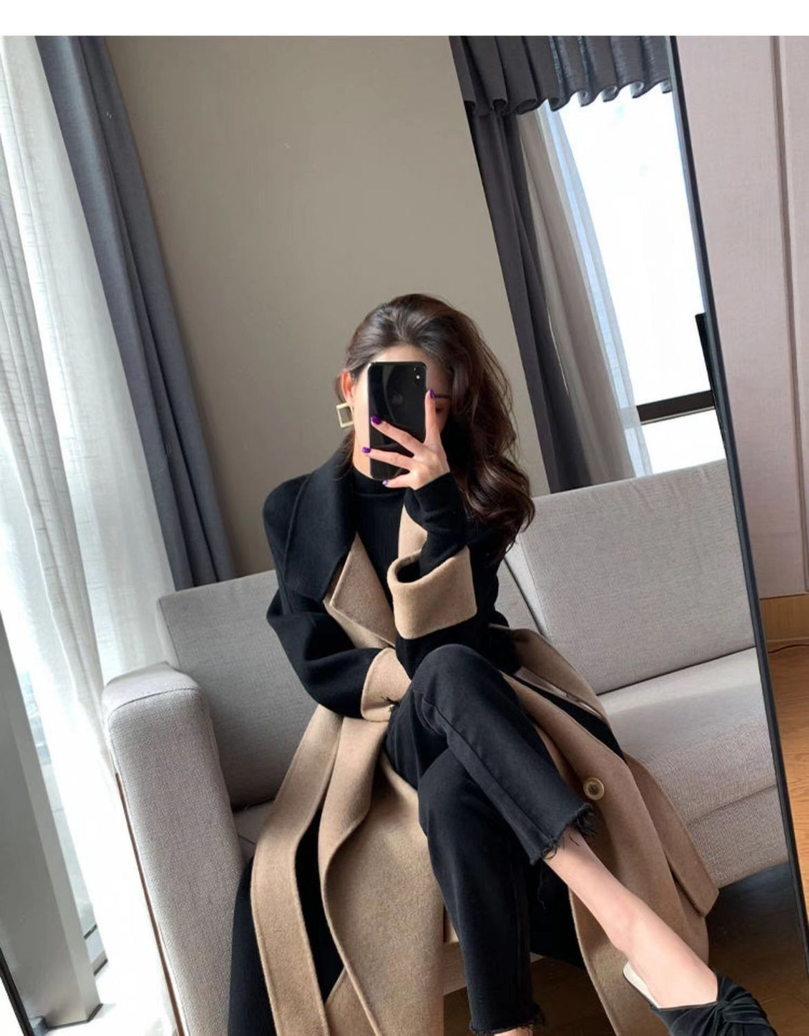 Damenbekleidung Winter neue lose große Größe Farbabstimmung Temperament Hepburn-Stil schlanke Wollmantel Damen langen Gürtelmantel_voghion.com