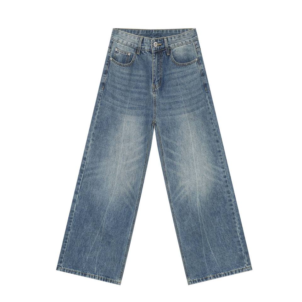 Quần jeans nam ống đứng dáng suông rộng, denim xử lý giặt retro phong cách Mỹ, quần dài mặc hằng ngày — Màu xanh lam