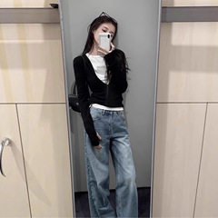 独特假两件上衣早秋冬季撞色辣妹长袖T恤女拉链款小众设计打底衫