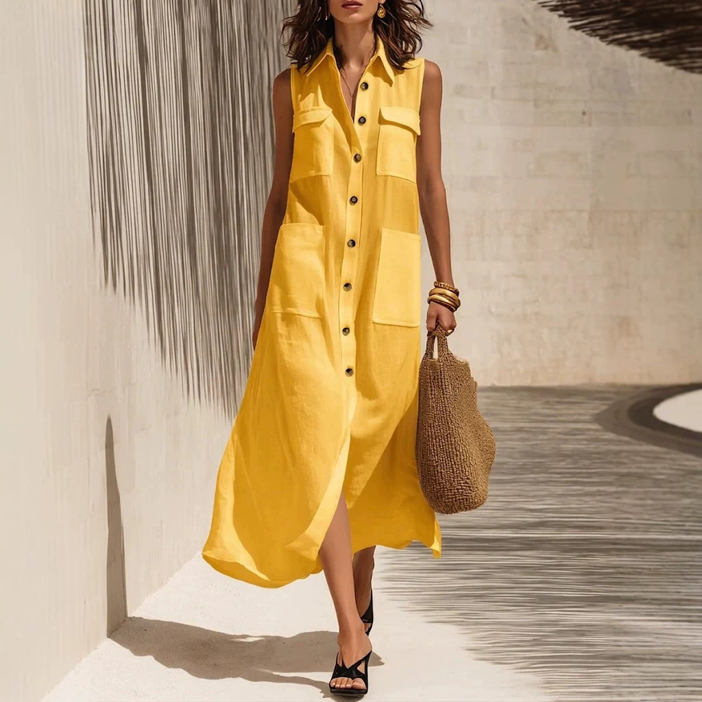 2026 New European and American Cross-Border Fashion Elegant Lady-Style Pocket Shirt Dress Loose Fit V-Neck Beach Vacation Style Dress