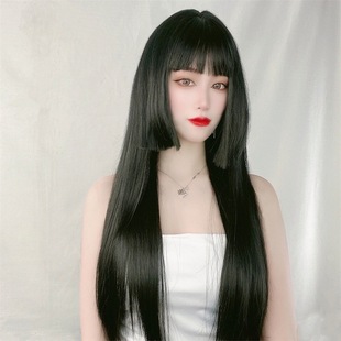 Foreign trade wig female princess cut bangs Ji hair long straight hair high temperature silk mechanism button net wig headgear wholesale