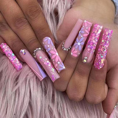 Drill money wear nail long ballet beauty nail stickers light purple small flowers sparkling fragments striped French false nail finished goods wholesale