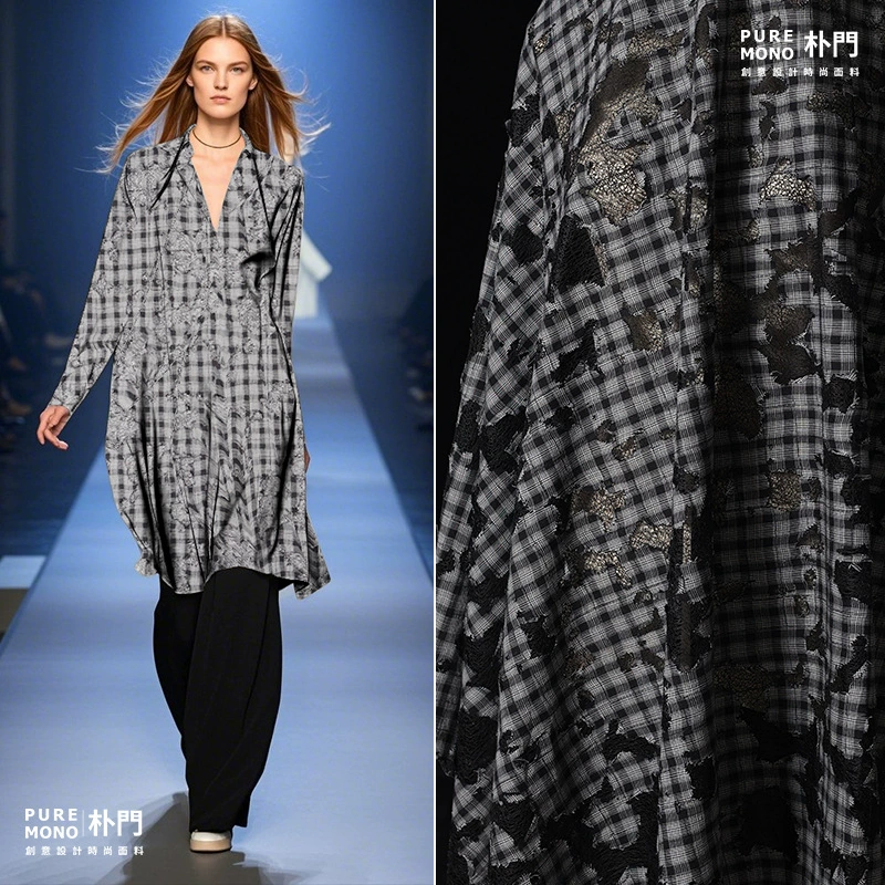 Сжигание цветов и гнилых цветов Полая вышитая ткань ретро серый уличный стиль рубашка платье креативная модная ткань