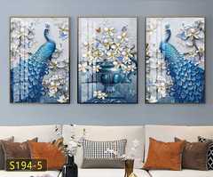 Modern Light Luxury Entrance Hall Decorative Painting, Entryway Mural with Peacocks & Diamond-Inlaid Crystal Porcelain Artwork, Sofa Backdrop Wall Triptych