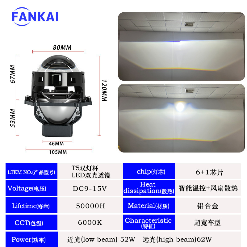 3inch新款T5双灯杯LED双光透镜62W大功率汽车大灯车灯远近Bi led|undefined