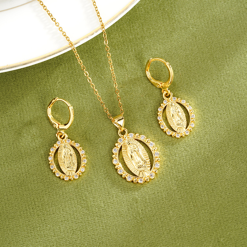 Vietnam Shajin Estilo europeo y americano Retro Dip Diamond Nuestra Señora Collar Mujeres Pendientes de circón con incrustaciones de lujo ligero Fuente de joyería de todo fósforo