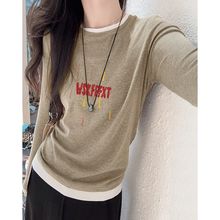 2025年秋季假两件灰色长袖t恤女爆款女装内搭气质打底衫上衣