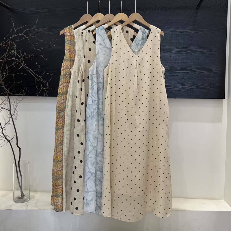 Summer New Solid Color Ramie Dress with V-Neck Polka Dot Print, Age-Reducing Sleeveless Tank Dress, Artistic Fairy Long Dress