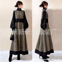 现货2025日韩秋冬新款气质高领拼接咖色格纹连衣裙