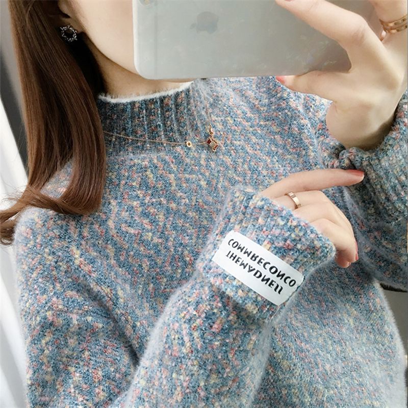 Chenille Mink Velvet Sweater Women's New Loose Half-High Collar Knitted Plus Velvet Thickened Bottoming Shirt Women's Autumn and Winter