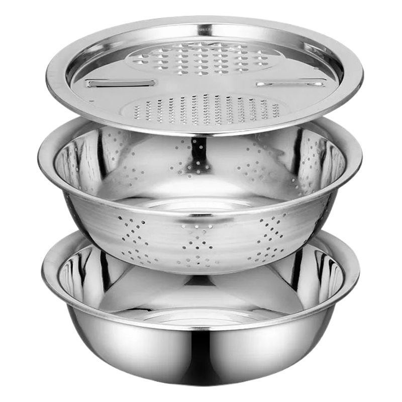 Rallador multifuncional de acero inoxidable Cuenca del conjunto de tres piezas cocina doméstica tamiz de lavado de arroz cuenca de drenaje Recipiente de huevo entrega de regalo