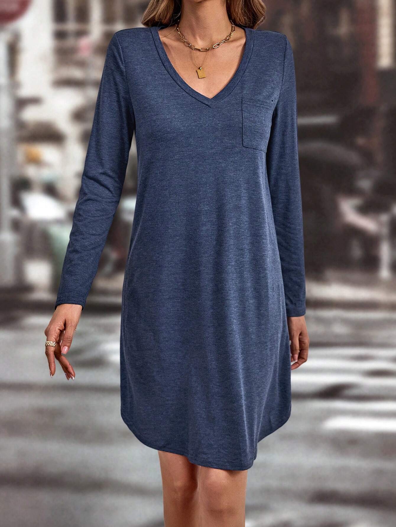 Autumn Winter Popular Women Clothing Loose Casual V neck Solid Color Long Sleeve Dress
