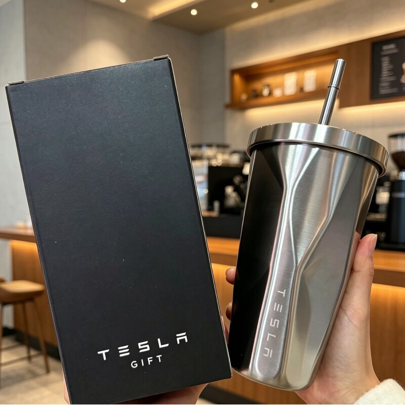 Tesla water cup, creative double-layer 304 stainless steel coffee cup, diamond-shaped car cup with straw, insulated cup, ice-resistant cup
