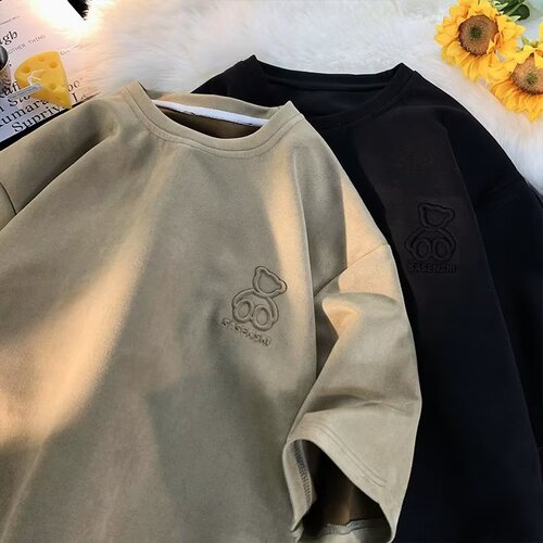 Little Bear T-shirt for Men, Summer Design, Niche American Vintage Suede Fleece Short-Sleeved Top, Loose and Casual T-Shirt