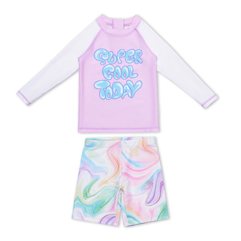 Neuer, niedlicher zweiteiliger Badeanzug mit kurzen Shorts für Mädchen, Sonnenschutz, langärmliges Kinderbadeanzug-Set für größere Mädchen_voghion.com