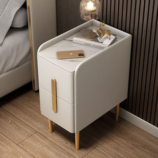 New All Solid Wood Slate Leather Bedside Table Mini Smart Internet Celebrity Light Luxury Storage Cabinet Home Bedroom Storage Rack