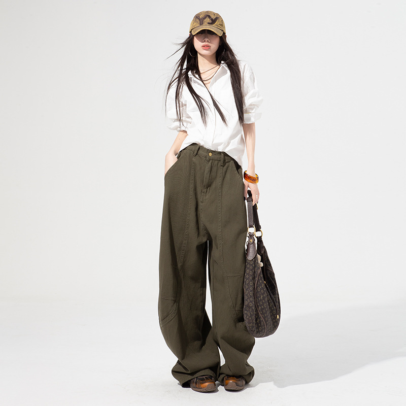 Childish Orange # Olive Green Wide-Leg Scimitar Jeans for Women, Loose, Slimming, Flesh-Covering, Relaxed, Trendy, Versatile Cargo Pants Childish Orange # Olive Green Wide-Leg Scimitar Jeans for Women, Loose, Slimming, Flesh-Covering, Relaxed, Trendy, Versatile Cargo Pants
