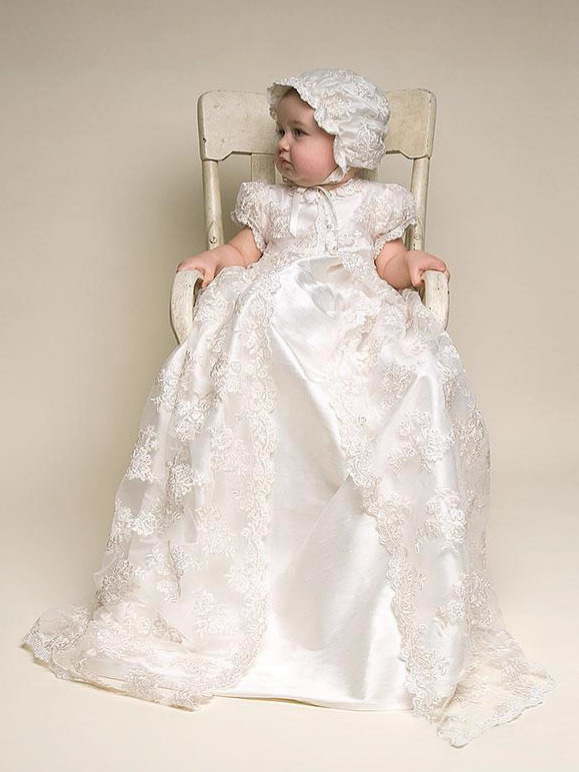 Comercio exterior transfronterizo europeo y americano, conjunto de dos piezas de encaje largo con sombrero para bebés y niños pequeños de un año y 100 días, vestido de bautizo, envío directo.